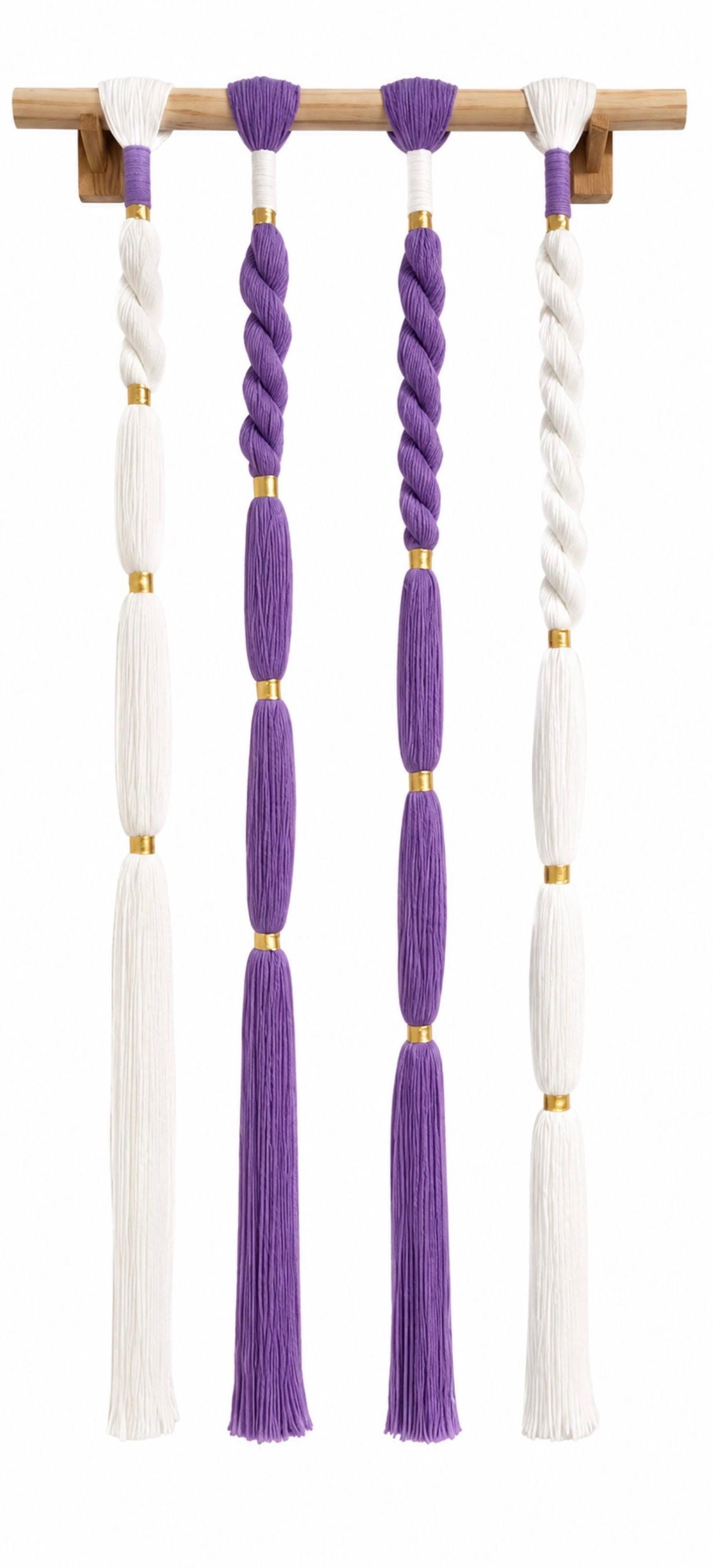 Regal Line - handcrafted purple, white and gold fibre wall hanging NZ