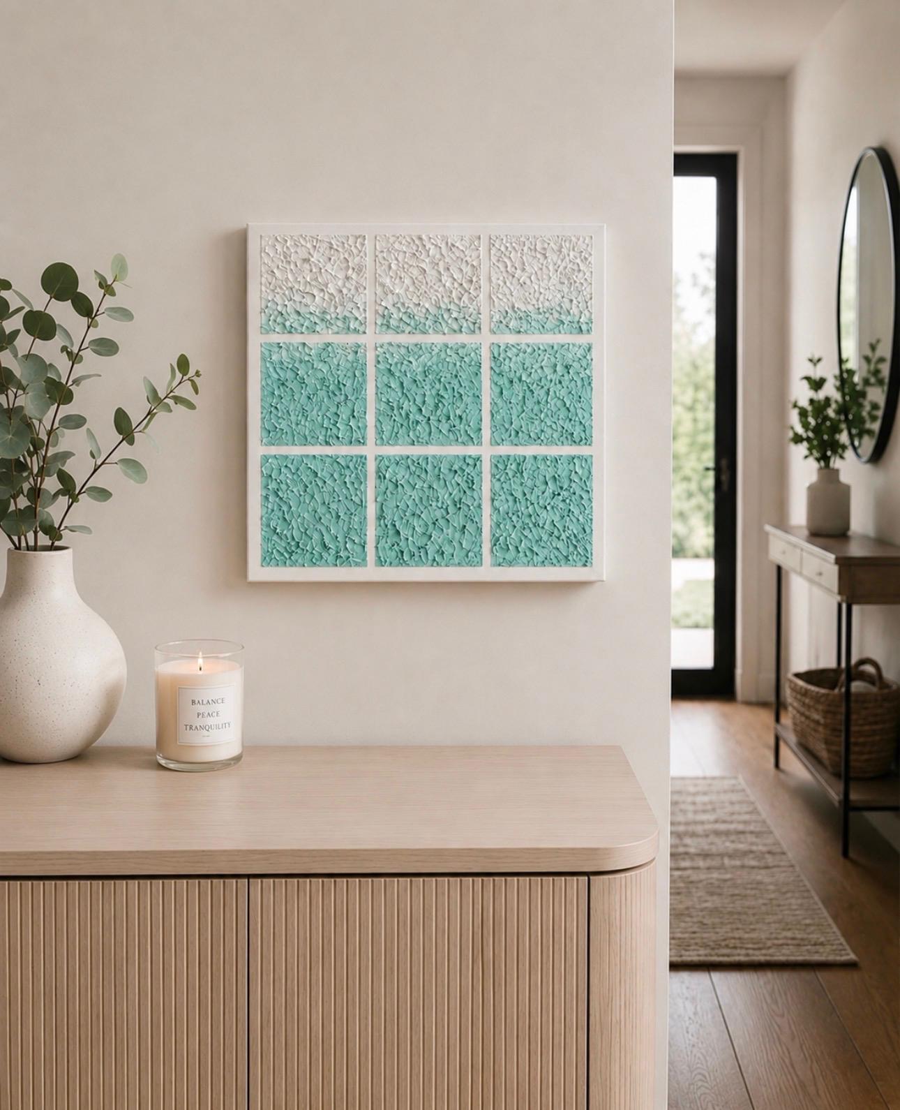Turquoise and White Ombré Grid textured art